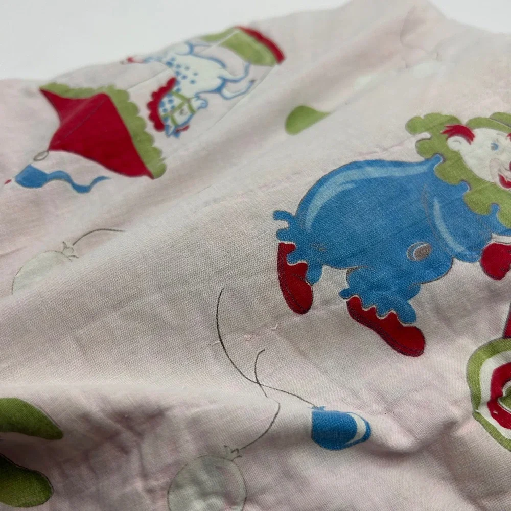 Vintage Handmade Circus Clown Quilt Pink Blue Nursery Blanket Retro Kitsch